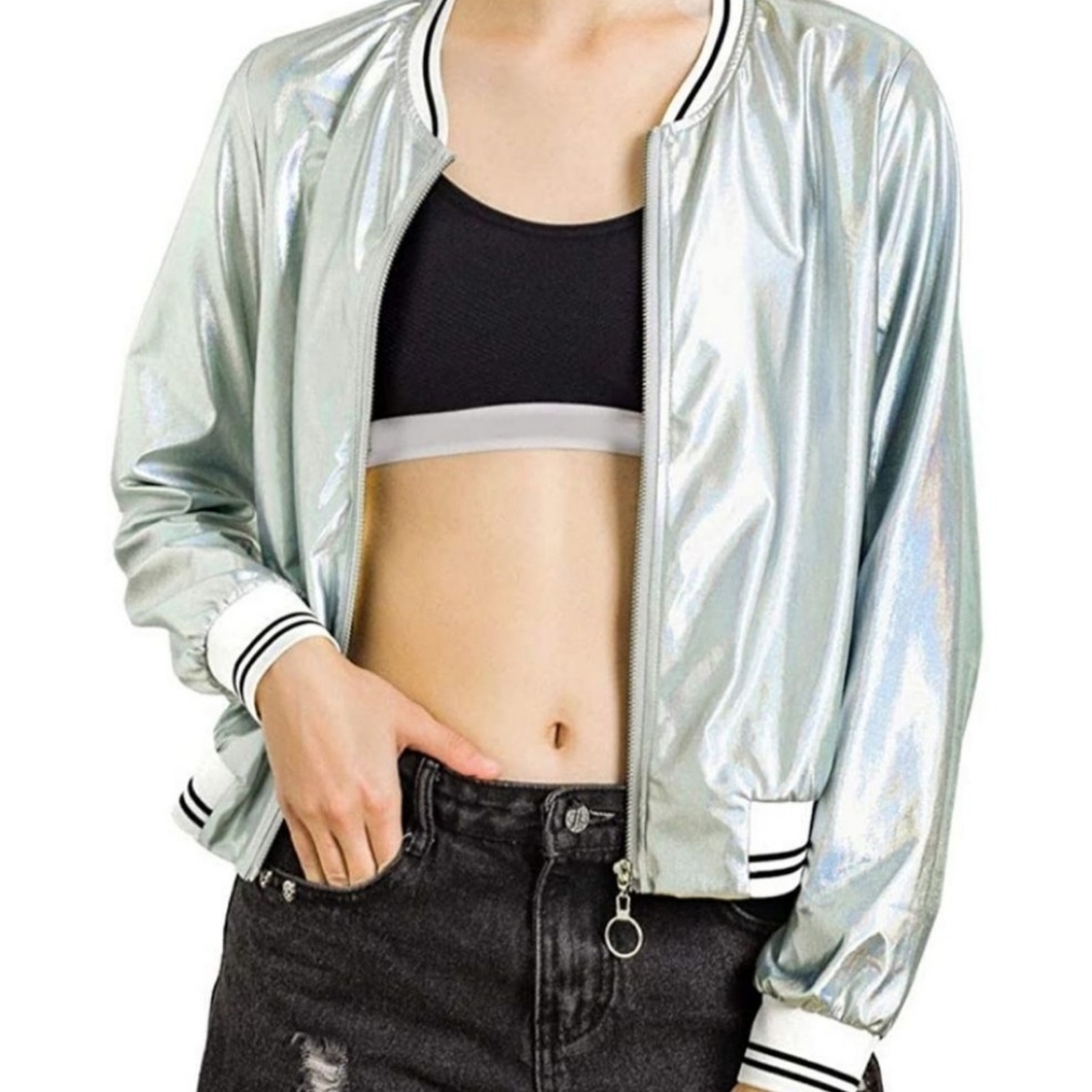 Allegra K Holographic Bomber Jacket